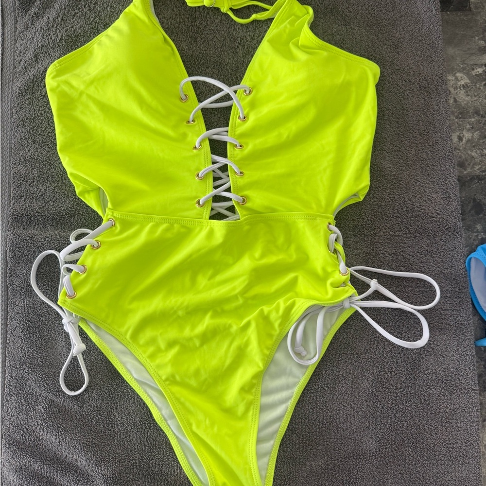 Neon Yellow Lace-Up Cheeky Swimsuit - XL